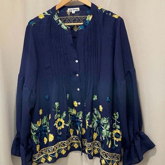 Hope Springs Embroidered Long Sleeve Blouse - Navy 2XL - Picture 1 of 7